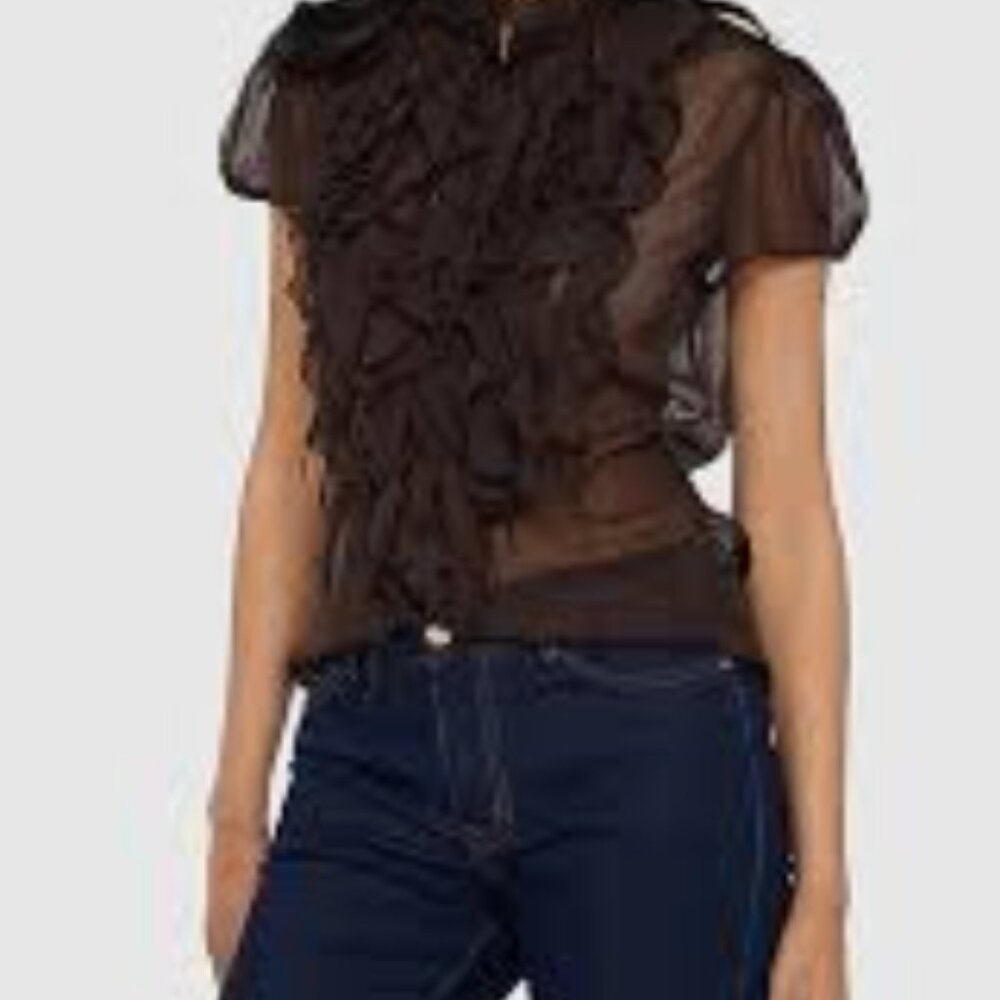 Bebe Chocolate Ruffle Blouse Small - Picture 2 of 13